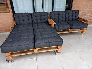 Jogo de 2 Sofás de Pallet com Almofadas + Chaise com Rodízios