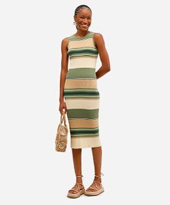 Vestido Midi Feminino de Tricot Listrado