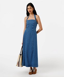 Vestido Médio Feminino Jeans Frente Única com Recortes