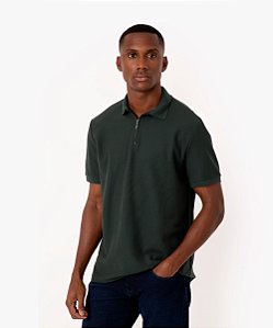 Polo em Piquet com Zíper Manga Curta Verde Escuro