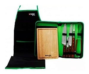 Kit Churrasco Inox Com Facas Tábua Avental E Estojo 7 Peças
