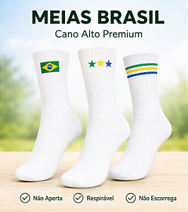 Meia Canelada Brasil Copa Do Mundo 34 ao 39 - Kit C/ 3 Pares Branco