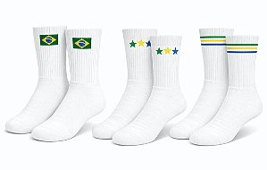 Meia Canelada Brasil Copa Do Mundo 34 ao 39 - Kit C/ 3 Pares Branco