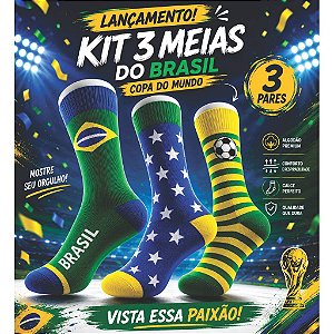 Meia Canelada Brasil Copa Do Mundo Juvenil - Kit C/ 3 Pares Branco