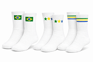 Meia Canelada Brasil Copa Do Mundo Juvenil - Kit C/ 3 Pares Branco