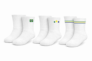Meia Canelada Brasil Copa Do Mundo Infantil - Kit C/ 3 Pares Branco