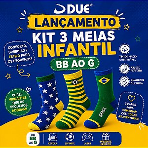 Meia Infantil Copa Do Mundo Brasil BB ao G - Kit C/ 3 Pares
