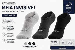 Meia invisível masculina malha retida - 1 kit com 3 pares sortidos