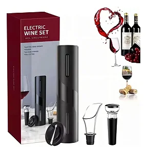 Kit abridor de vinho elétrico com acessórios, ideal para saca-rolhas elétrico. Decanter para adicionar mais charme ao abrir seu vinho. Utiliza pilha.