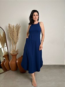 Vestido Midi, Barra Arredondada Com Botão Nas Costas - Slim e Plus Size