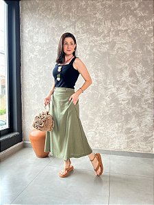 Saia Midi C/ Bolsos Laterais E Cós Franzido Nas Costas E Passante - Slim e Plus Size