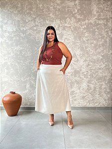 Saia Midi Evasê Com Bolsos Laterais e Passantes - Slim e Plus Size