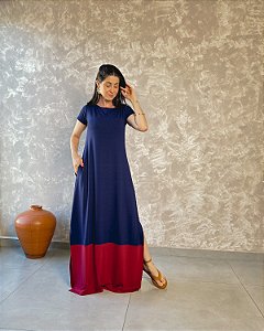 Vestido Longo C/ Manga Curta, Barrado Em Segunda Cor C/ Bolsos E Fendas Laterais - Slim e Plus Size