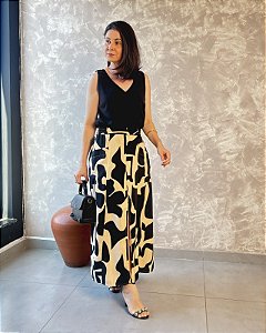 Saia Midi C/ Fenda Frontal, Bolsos Laterais Externos E Cós C/ Franzido Atrás - Slim e Plus Size