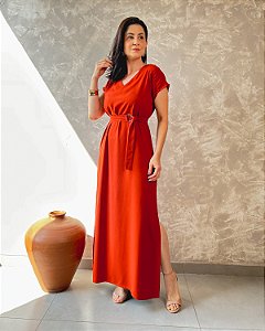 Vestido Longo C/ Manga Japonesa, Fendas Laterais E Faixa C/ Fivela - Slim e Plus Size