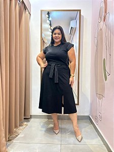 Conjunto: Blusa Reta Pespontada, E Saia Evasê Midi C/ Fenda, Faixa E Bolsos - Slim e Plus Size