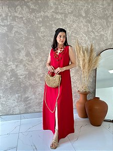 Vestido Regata Evasê Longo, Decote V Com Fenda Frontal E Botão Nas Cotas - Slim e Plus Size