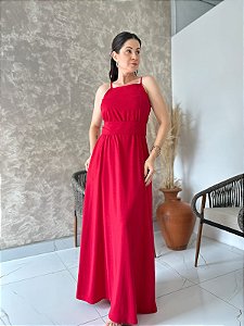 Vestido De Alça, Longo Com Decote Reto E Faixa Na Cintura - Slim e Plus Size