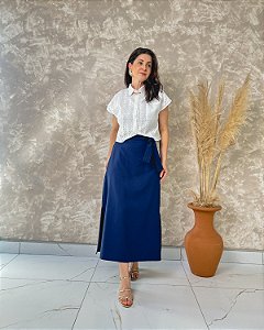 Saia Midi C/ Fendas Laterais, Elástico No Cós E Faixa Pespontada - Slim Size