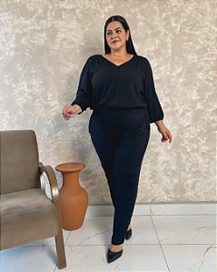 Conjunto Blusa Decote V C/ Franzido, Manga 3/4 C/ Elástico, Calça Skinny, Bolsos E Cós-Plus Size