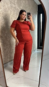 Conjunto Blusa C/ Recorte Princesa, Manga Bufante, Calça Reta C/ Vinco, Cós Liso Na Frente-Plus Size
