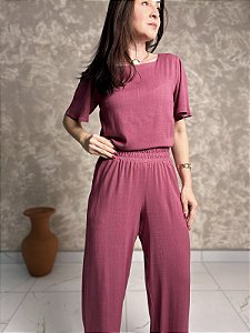 Conjunto Blusa Decote Canoa, Manga Sino E Botão, Calça Pantalona C/ Bolsos E Cós Franzido-Slim Size