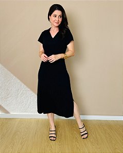 Vestido Midi, C/ Manga Dupla, C/Gola , Acabamento S/Botão E Fendas Laterais-Slim Size