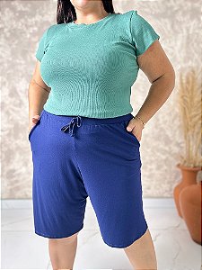 Bermuda Com Elástico E Amarração Falsa No Cós E Bolsos Laterais -Plus Size