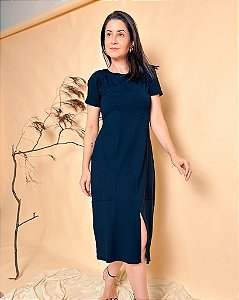 Vestido Midi C/ Gola Redonda E Fenda Frontal E Bolsos Laterais - Slim Size