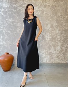 Vestido Midi Com Bolsos E Fendas Laterais C/ Detalhe Em Botão-Slim Size