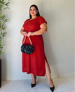 Vestido Midi Decote V Manga Curta Fendas Laterais E Botão Atrás-Plus Size