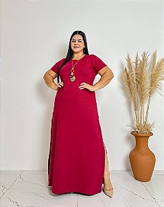 Vestido Longo Manga Curta Decote Redondo e Fendas Laterais- Plus Size