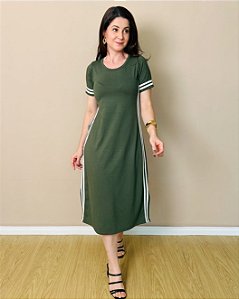 Vestido Midi, Manga Curta, Fendas Laterais, Duas Faixas Nas Laterais E Nas Mangas- Slim Size