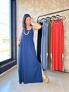 Vestido Regata Longo C/ Fendas Laterais E Punhos Em Cor-Plus Size