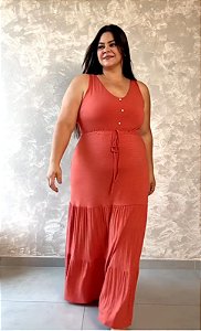Vestido Regata Longo, 3 Marias Com Cordão E Botões -Plus Size