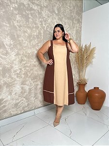 Vestido Midi Em Duas Cores, Decote Reto E Alça Larga -Plus Size