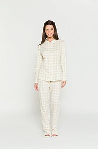 Pijama Camisaria Manga Longa Xadrez Areia