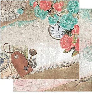 PAPEL PARA SCRAPBOOK FOLHA DUPLA FACE  SD-944  ROSAS AZUIS E RELÓGIO