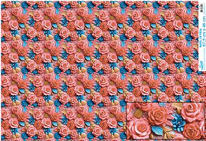 PAPEL DE SEDA ROSAS 3D CORAL E AZUL - PSL-040