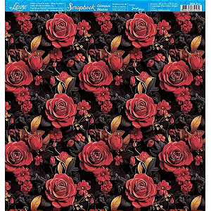 PAPEL DE SCRAPBOOK - SBB-210 - ROSAS VERMELHAS EM 3D COM FUNDO PRETO
