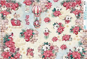 Papel de Seda PSLN-015 -  Poinsétias e Papai Noel no Balão