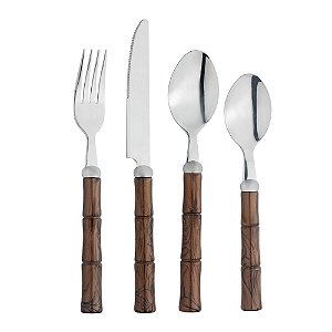Faqueiro 24pç de Aço Inox com Cabo Bambu Marrom Luxo