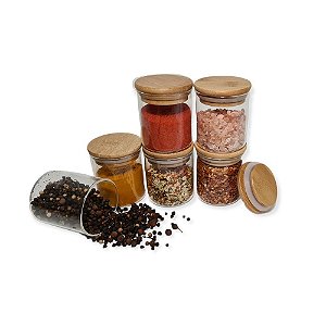 Kit com 6 Potes de Vidro com Tampa em Bambu Hermético 200ml