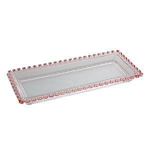 Travessa Retangular de Cristal Coração Borda Rosa 30cm x 13cm x 3cm