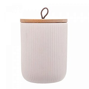 Potiche de Cerâmica c/ Tampa de Bambu e Pegador de Corda Lines Branco 10x10x12,5cm