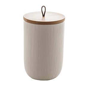 Potiche de Cerâmica c/ Tampa de Bambu e Pegador de Corda Lines Branco 10x10x15cm
