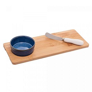 Petisqueira de Cerâmica c/ Bandeja de Bambu e Espátula 30x12x3,5cm