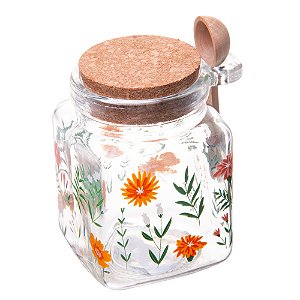 Porta Mantimento Quadrado de Vidro com Tampa e Colher de Bambu Flora 270ml - Lyor