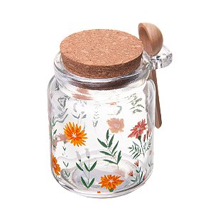 Porta Mantimento Redondo de Vidro com Tampa e Colher de Bambu Flora 240ml - Lyor