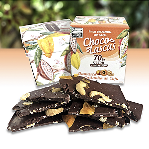 Lascas de Chocolate 70% Cacau ZERO AÇÚCAR, com adição de Damasco e Castanha de Caju - 200g